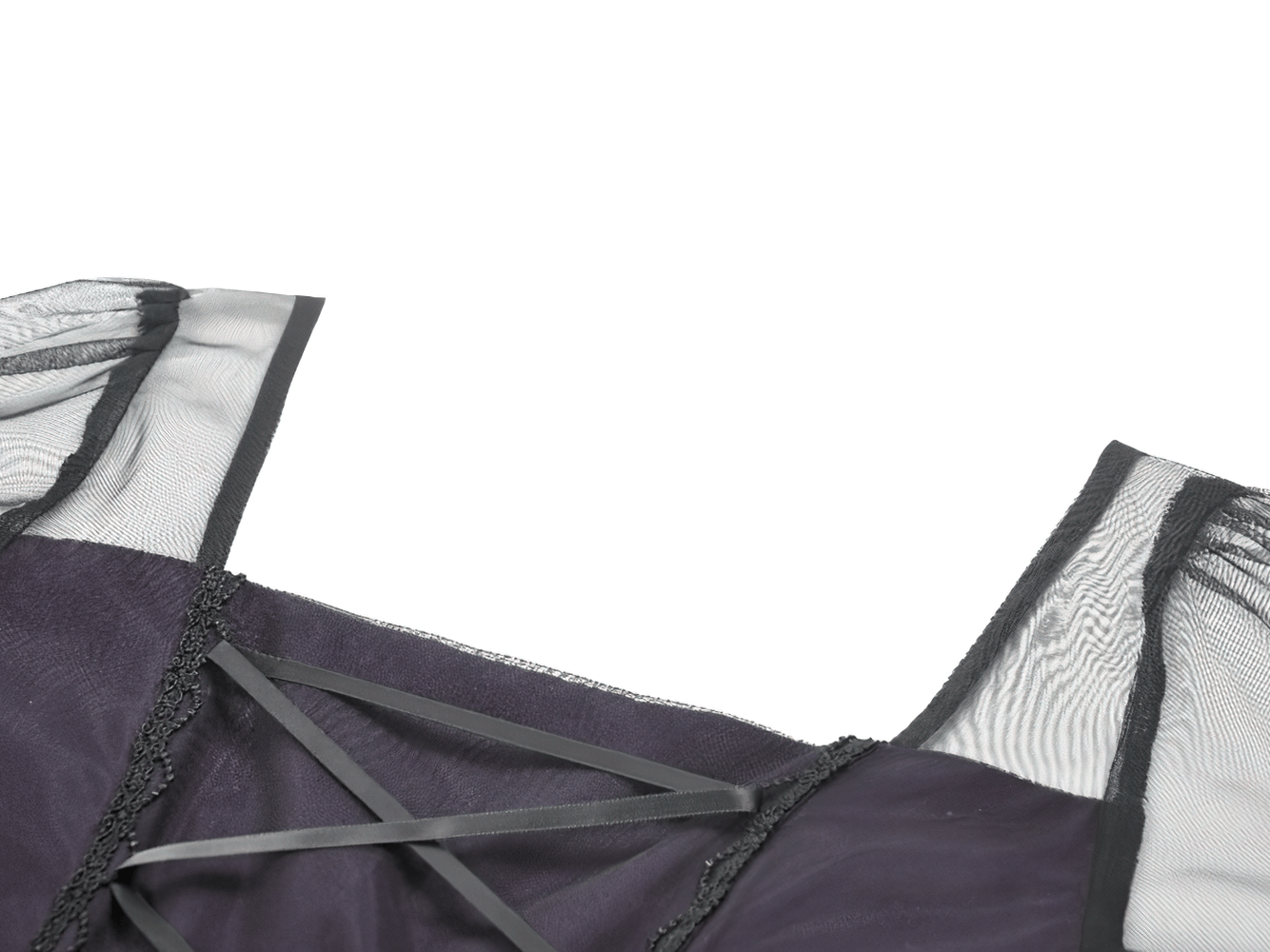 Close-up of the back lacing detail on a Purple and Black Gothic Mesh Dress with Lace Sleeves.