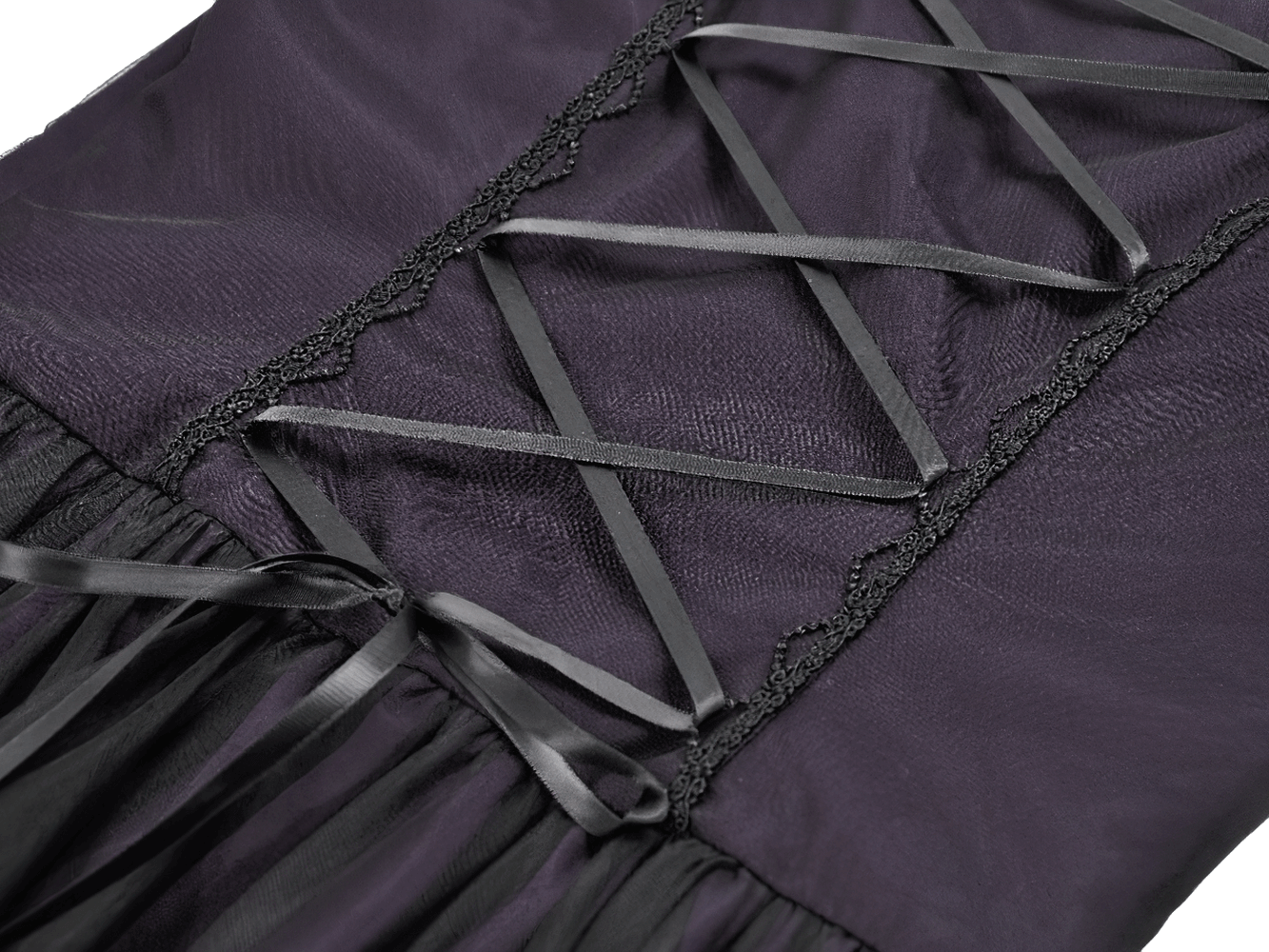 Close-up of the corset-style back of the Purple and Black Gothic Mesh Dress with Lace Sleeves.