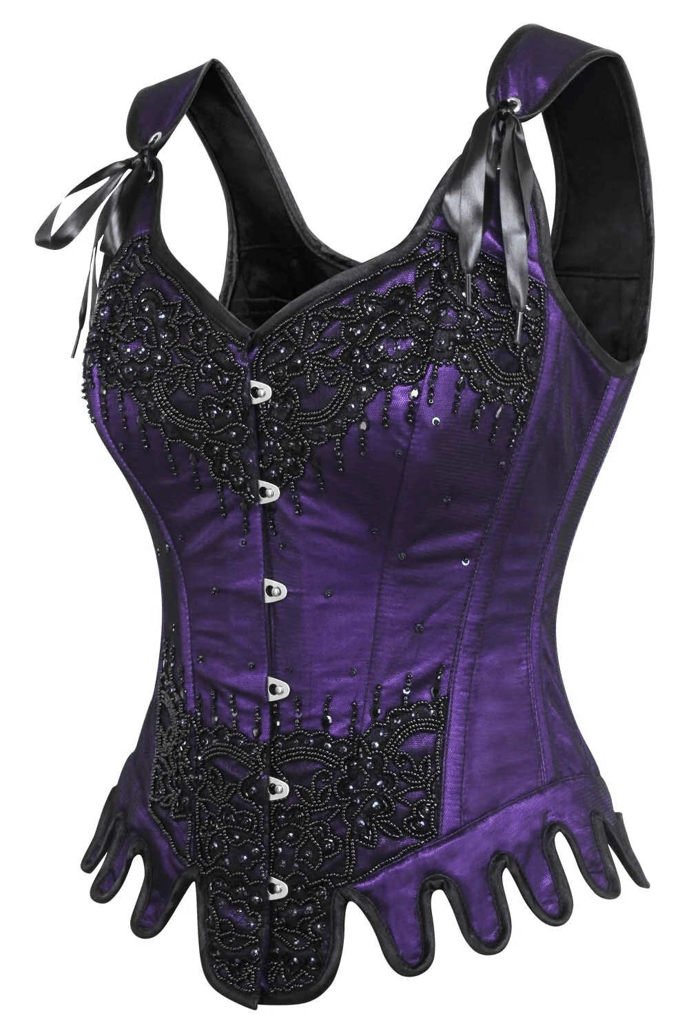 Alt Tag: Purple Beaded Overbust Couture Corset and Shoulder Straps with gothic lace overlay, beads, sequins, ribbon bows & steel boning