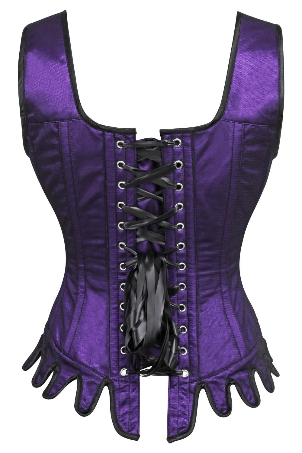 Alt Tag: Purple Beaded Overbust Couture Corset and Shoulder Straps purple gothic lace overlay steel boned bodice with ribbon bows, front lacing