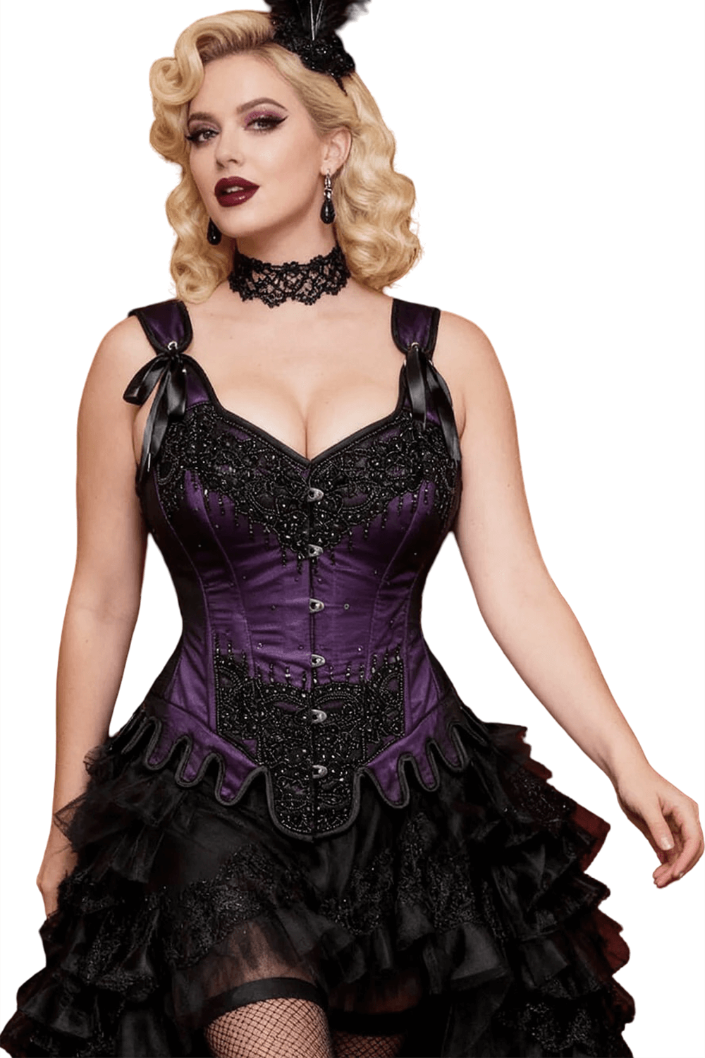 Alt Tag: Purple Beaded Overbust Couture Corset and Shoulder Straps with gothic lace overlay, ribbon bows, steel boning, pointed hemline