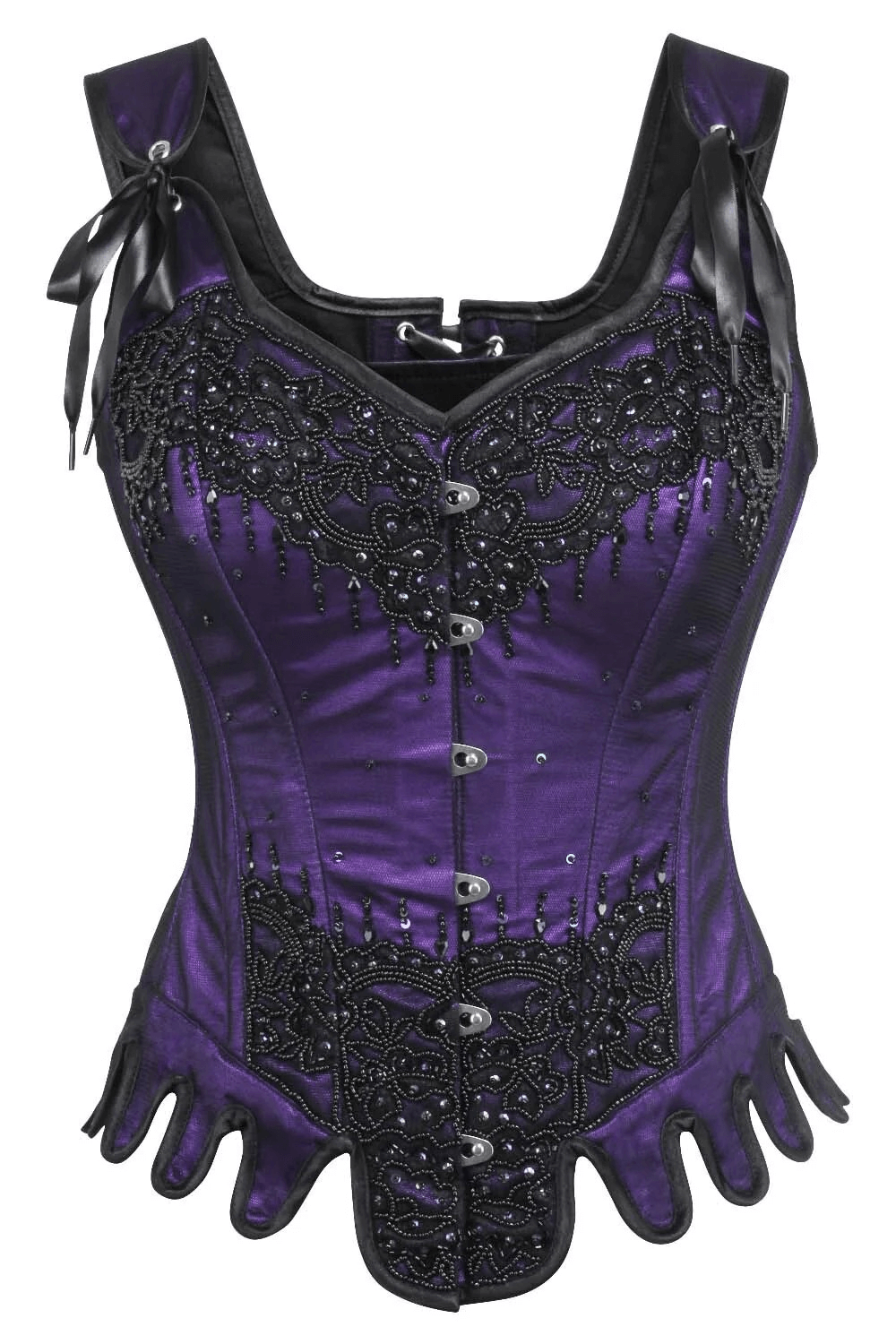 Alt Tag: Purple Beaded Overbust Couture Corset and Shoulder Straps with gothic lace overlay, beads, ribbon bow straps, and front busk