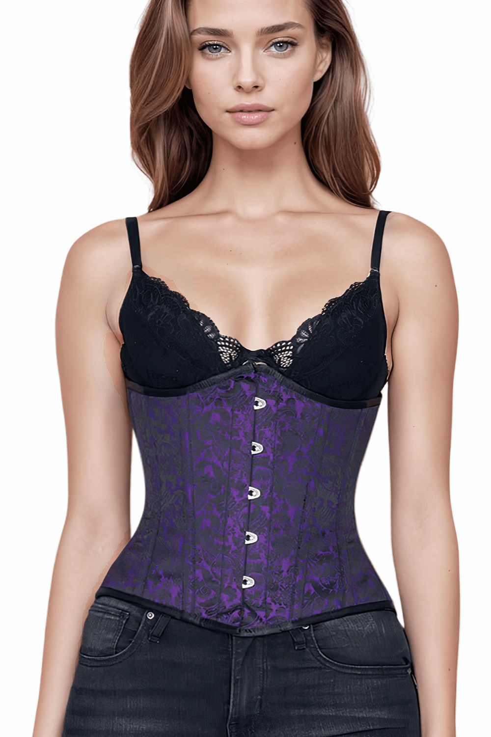 Model wearing a purple brocade underbust corset with steel boning, showcasing a gothic aesthetic and flattering silhouette.