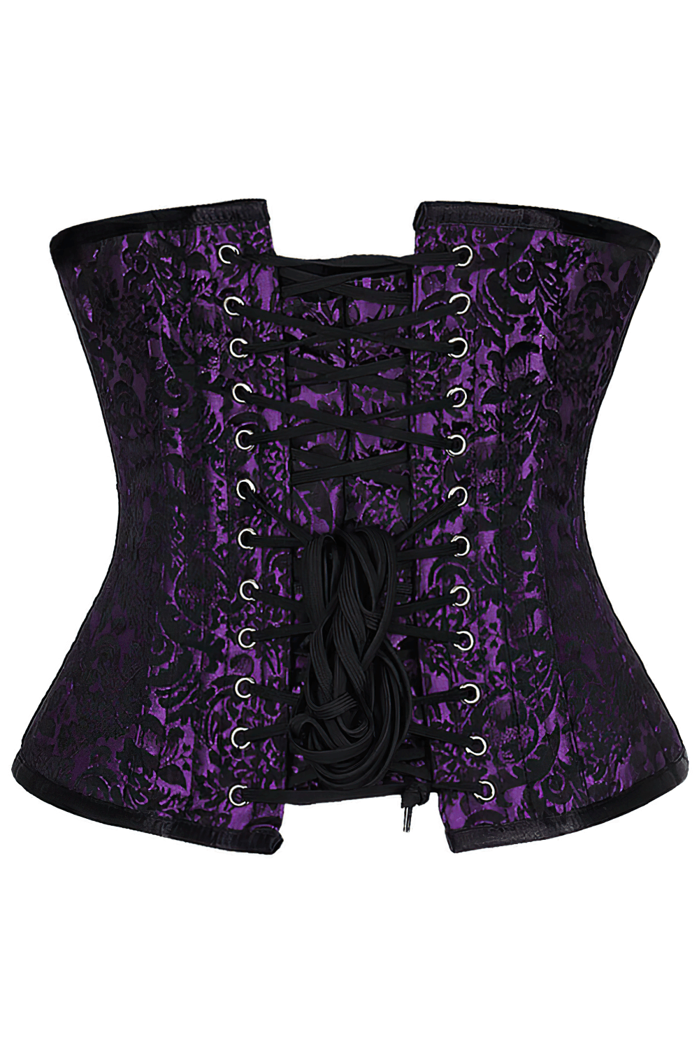 Purple brocade underbust corset with steel boning, gothic lacing, and elegant design for waist training.