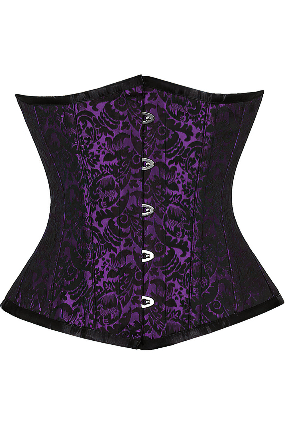 Purple brocade underbust corset with steel boning, metal busk, and gothic flair for stunning waist shaping.