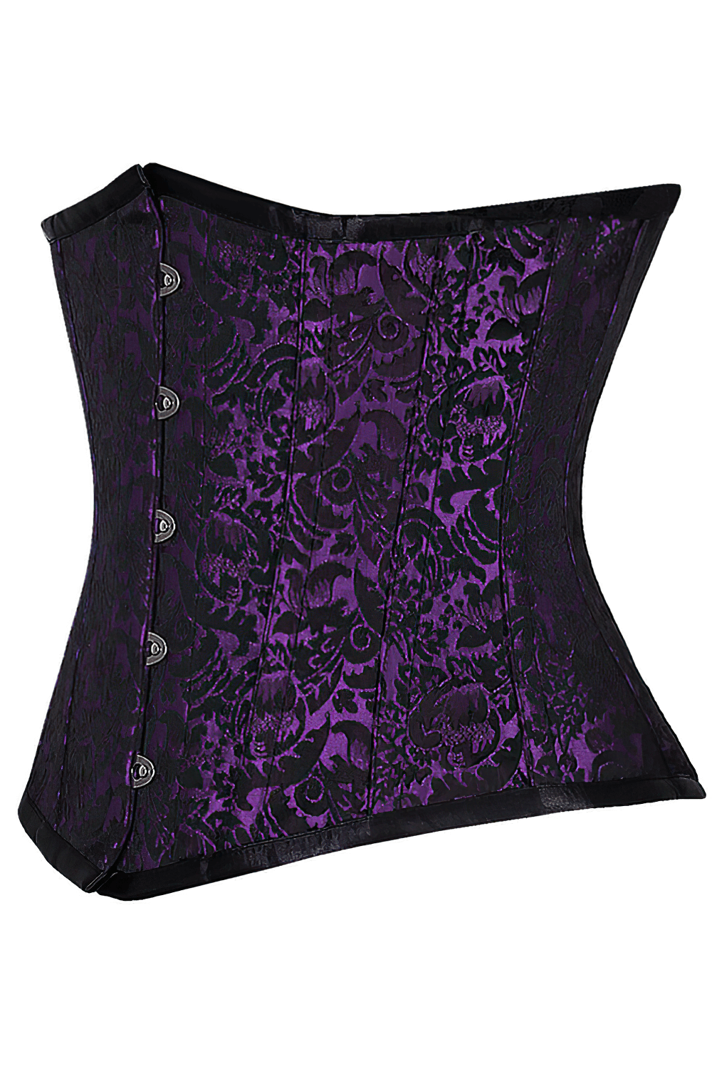 Purple brocade underbust corset with steel boning and elegant gothic design, perfect for waist training.