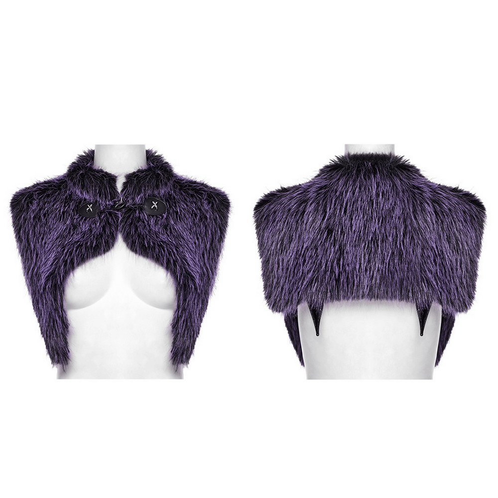 Purple faux fur capelet with devil horn detail and wide shoulders, perfect for gothic attire.