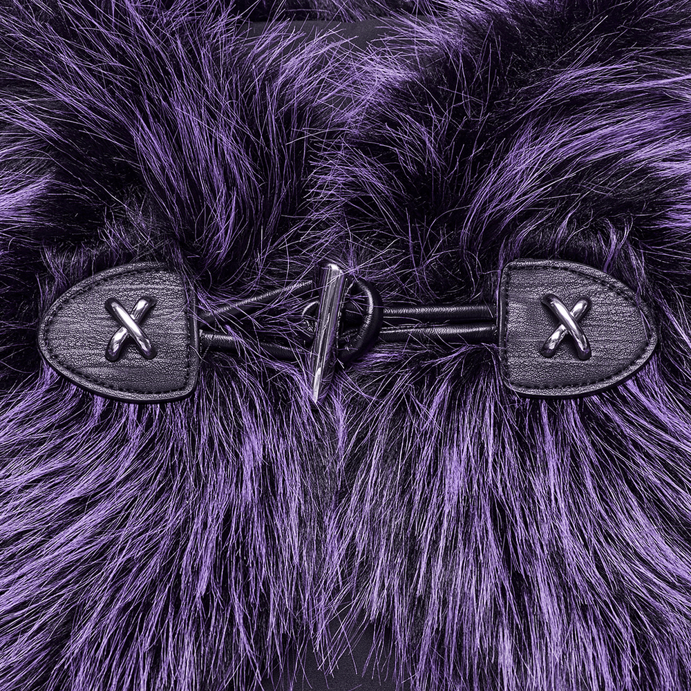 Close-up of purple faux fur capelet buttons, highlighting stylish metal loops and soft, gradient fur texture.