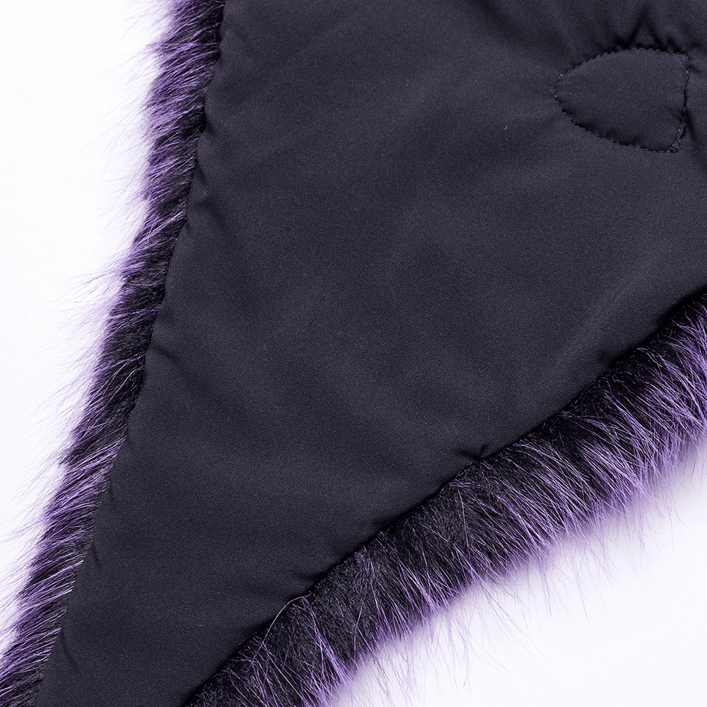 Close-up of purple faux fur texture on capelet edge, showcasing luxurious soft gradient design.