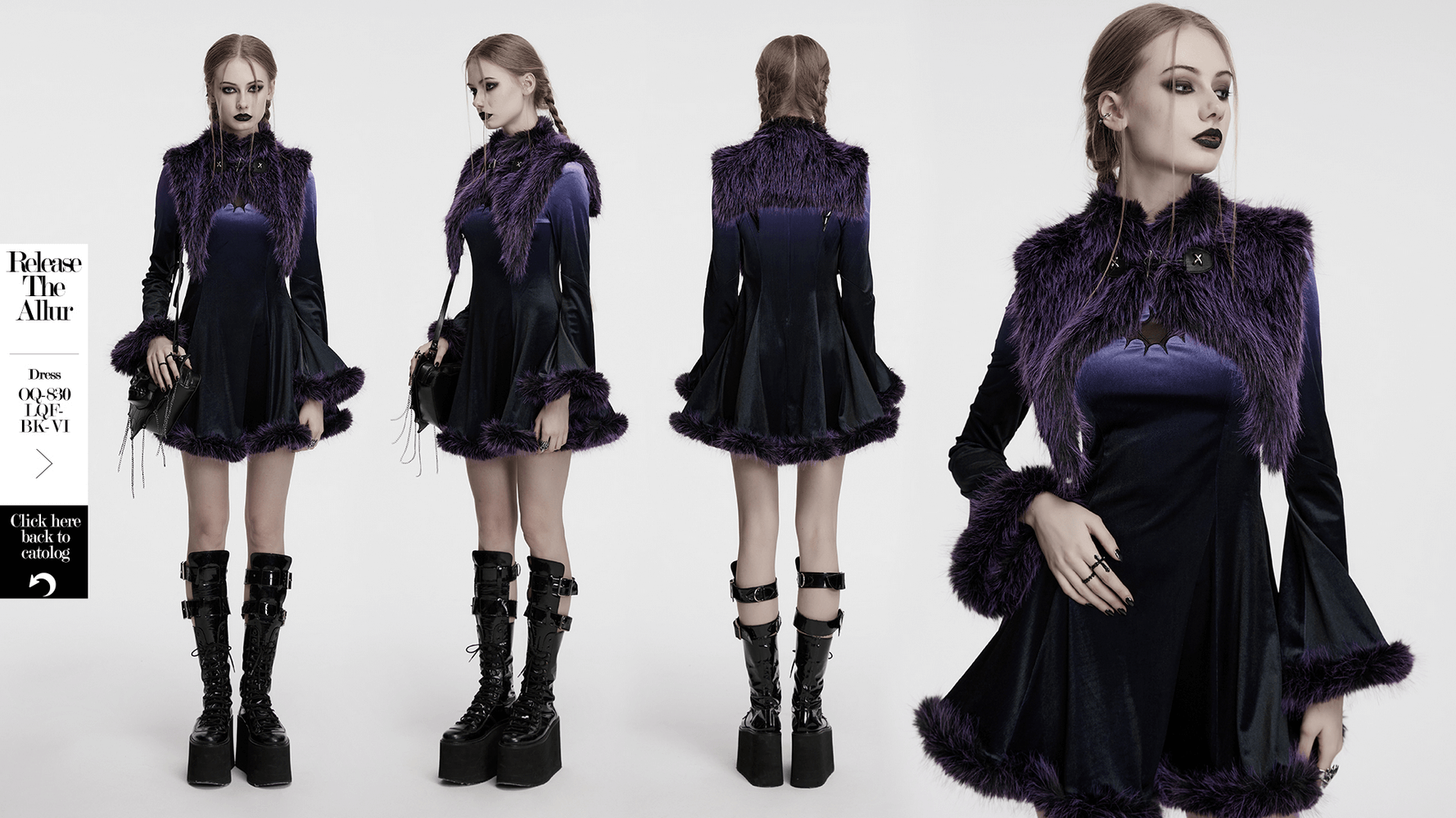 Model showcasing a purple faux fur capelet with horn detail, complete with a stylish dress and chunky boots.