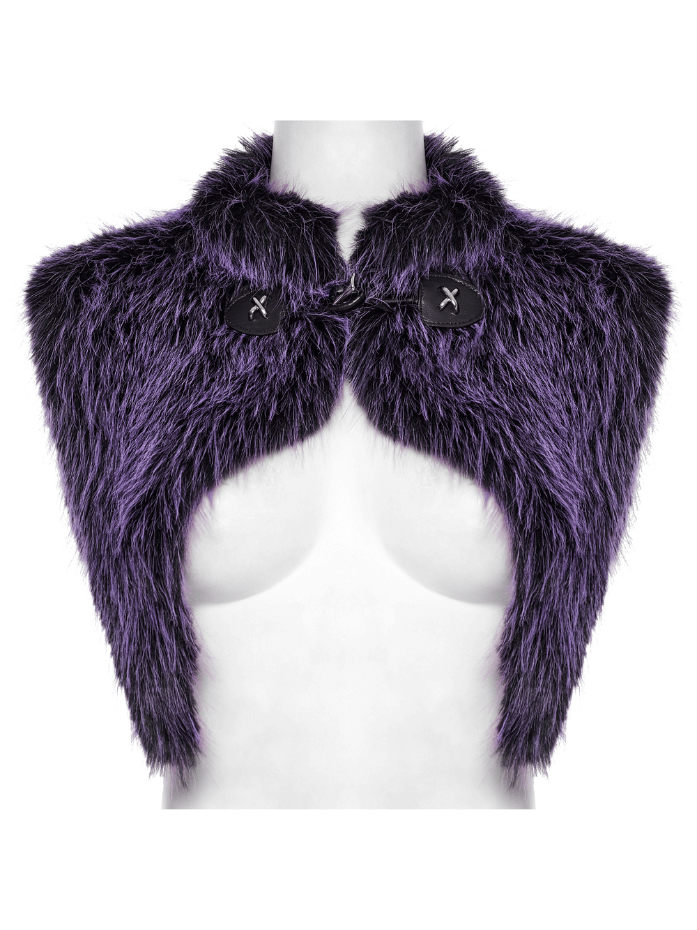 Purple faux fur capelet with devil horn detail and stylish buttons, perfect for a bold, gothic look.