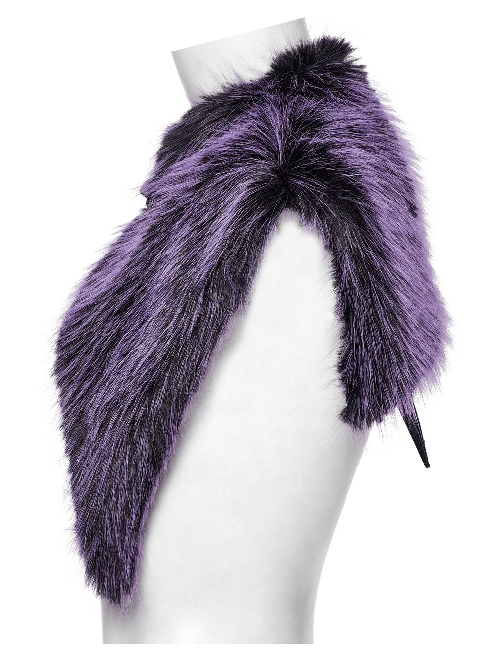 Purple faux fur capelet with striking wide shoulders and devil horn detail, perfect for adding a gothic touch.