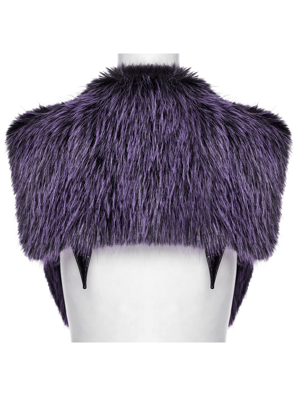 Back view of a purple faux fur capelet with devil horn detail and wide shoulders, perfect for a gothic look.