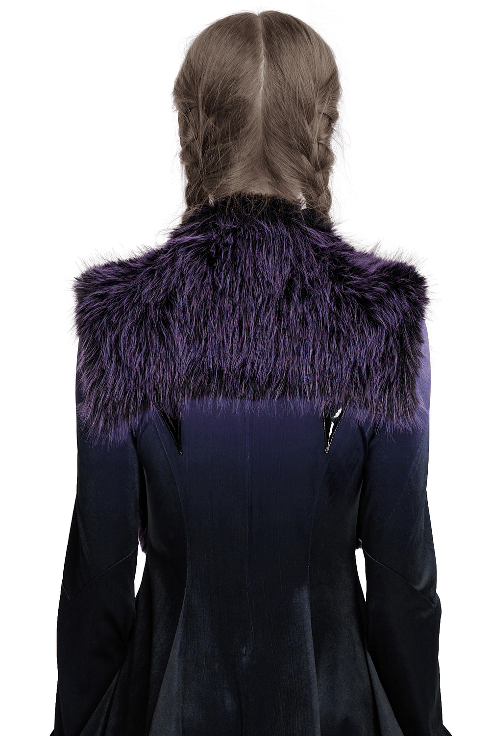Back view of a purple faux fur capelet with wide shoulders and devil horn detail, showcasing bold gradient tones.