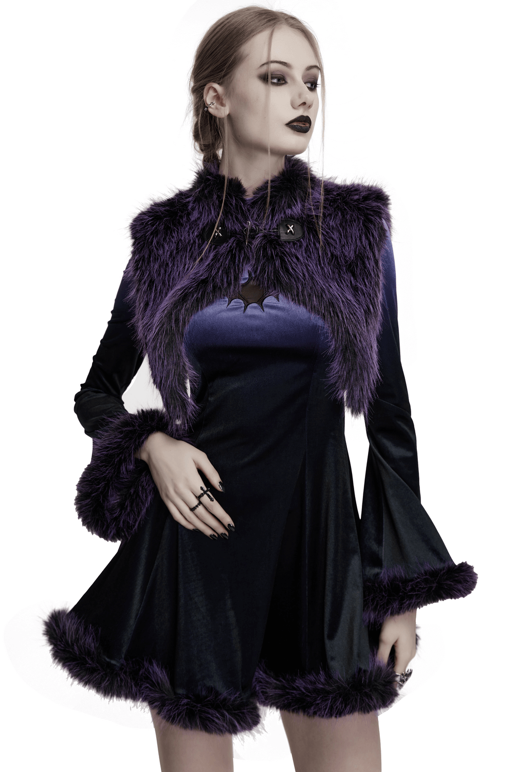 Purple faux fur capelet with horn detail and buttons, enhancing a gothic-inspired outfit.
