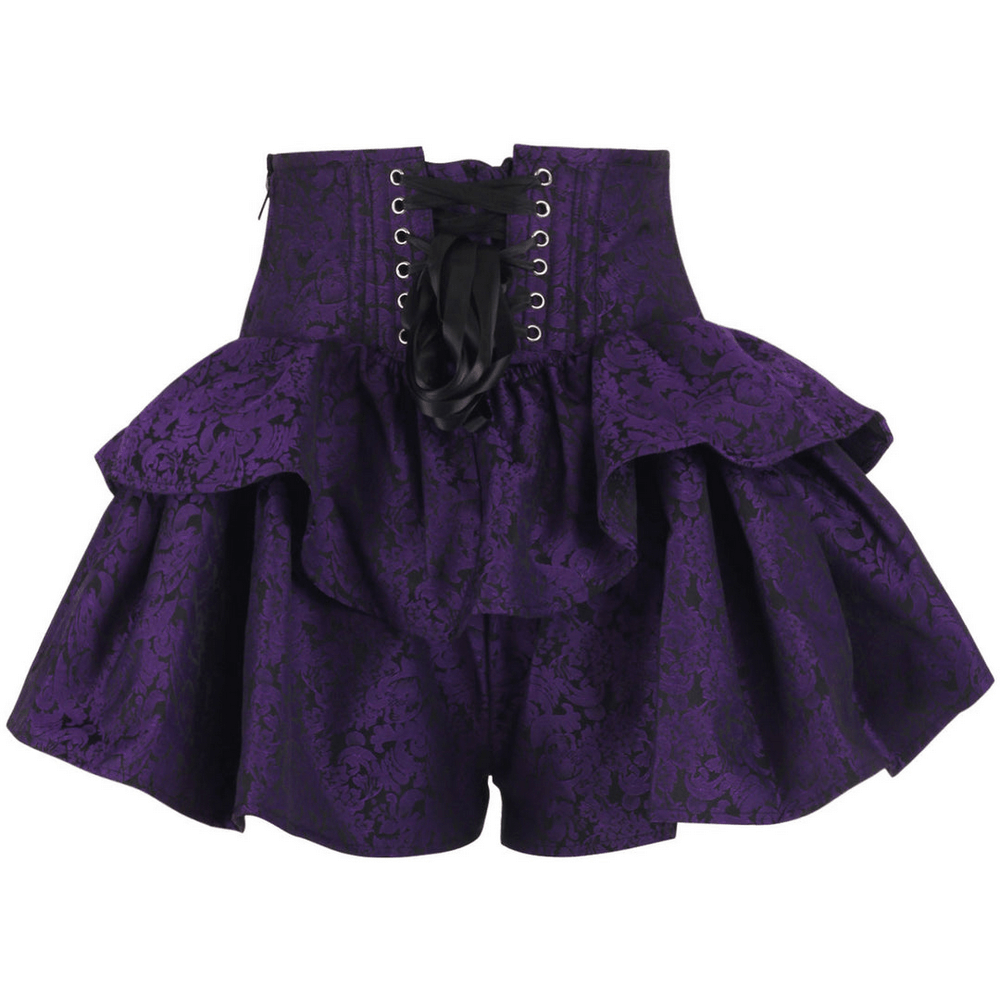 Purple Gothic Corset Skirt with Ruffled High Waist Design featuring black floral patterns and dramatic double ruffle.