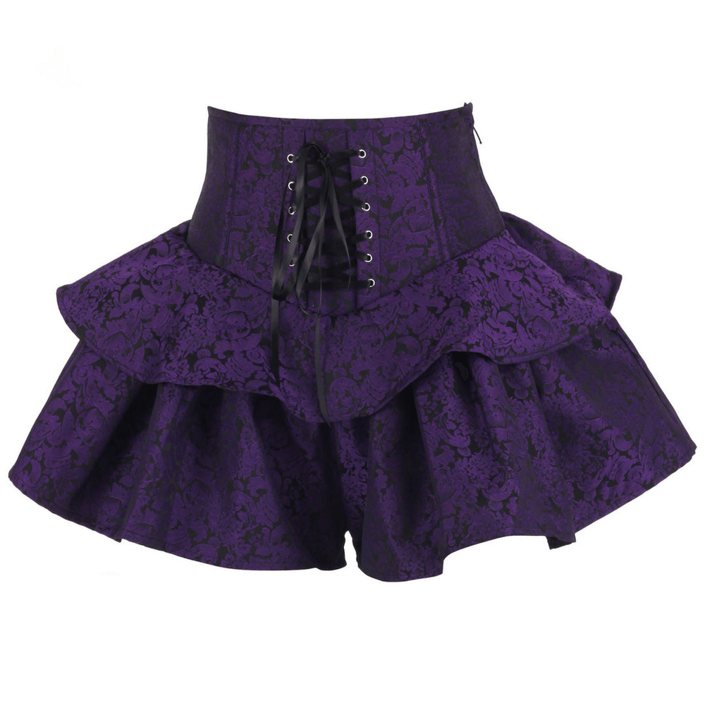 Purple Gothic Corset Skirt with Ruffled High Waist Design featuring brocade fabric and dramatic ruffle layers.