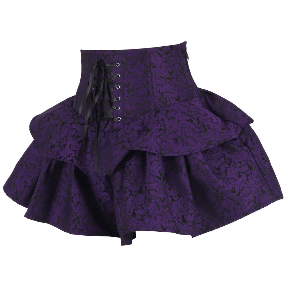 Purple Gothic Corset Skirt with Ruffled High Waist Design featuring floral patterns and adjustable satin lacing.