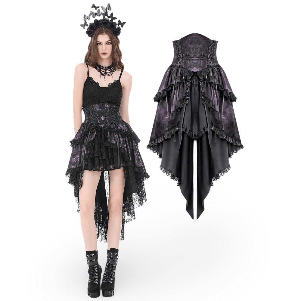 Purple Gothic High Low Bustle Skirt with Lace Trim