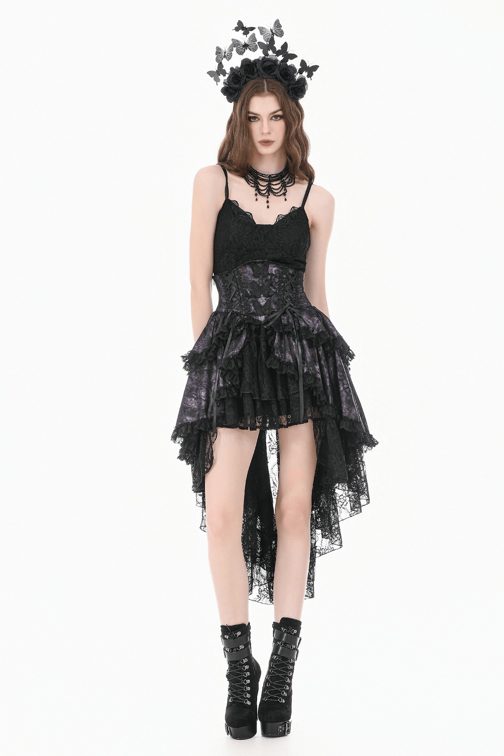 Purple Gothic High Low Bustle Skirt with Lace Trim