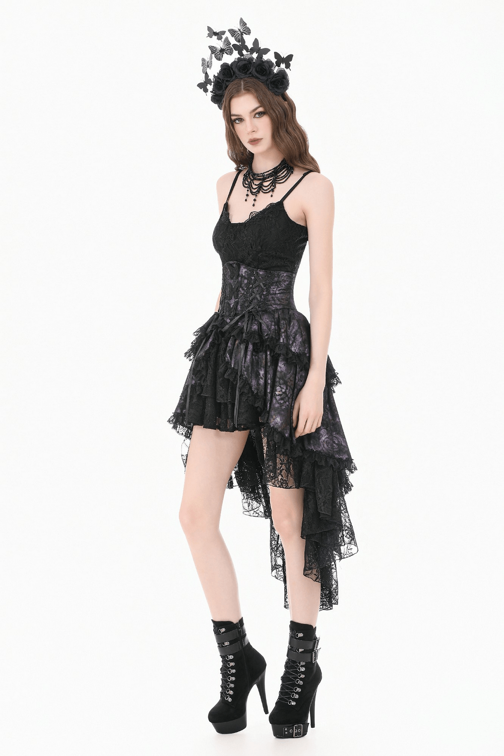 Purple Gothic High Low Bustle Skirt with Lace Trim