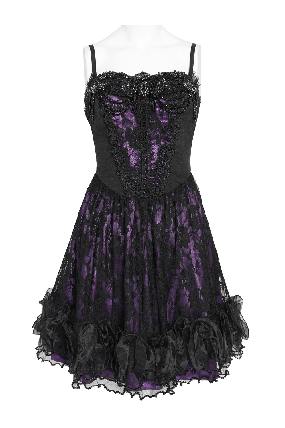 Purple Gothic Lace Corset Mini Dress with Ruffles featuring lace overlay and layered ruffle hem.