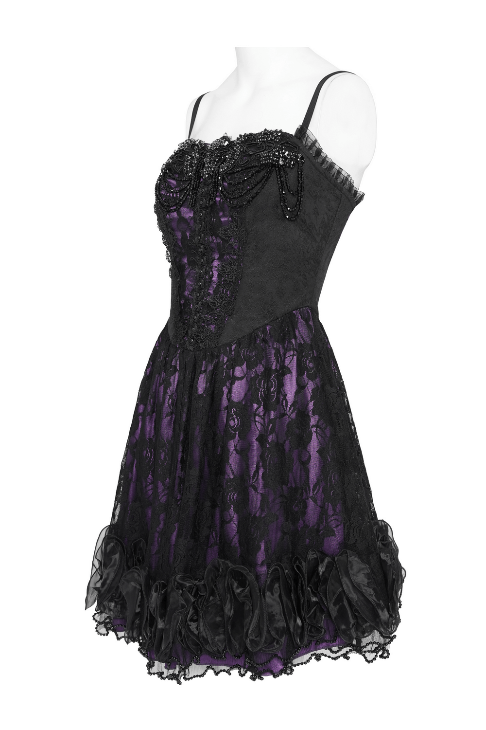 Purple Gothic Lace Corset Mini Dress with Ruffles featuring a sweetheart neckline and layered ruffle hem.