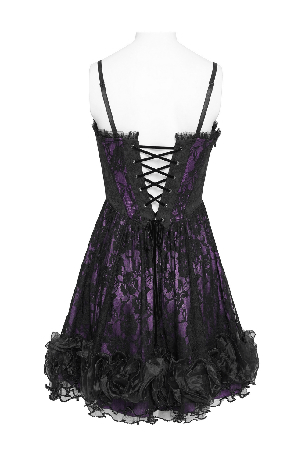 Back view of a Purple Gothic Lace Corset Mini Dress with Ruffles showcasing laced-up design and layered ruffle hem.