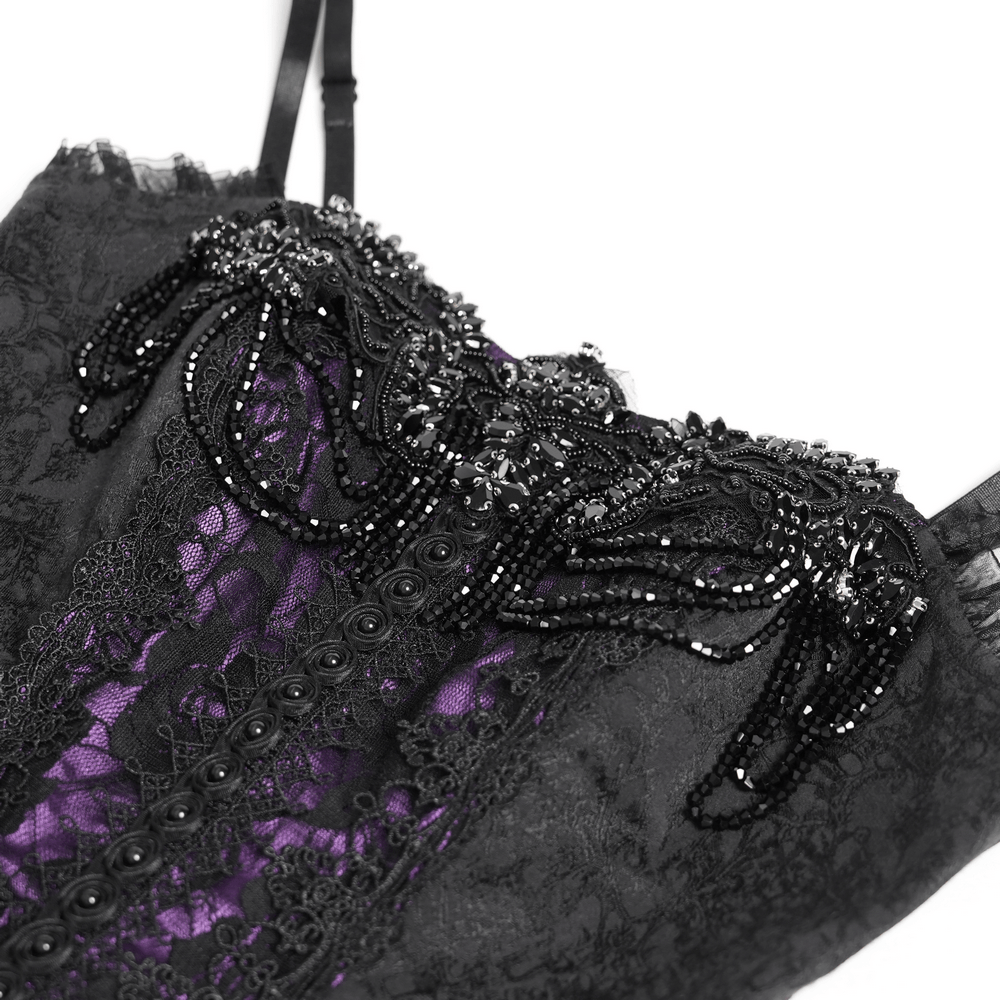 Purple Gothic Lace Corset Mini Dress with Ruffles detailed lace and beaded neckline