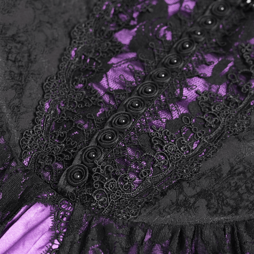Purple Gothic Lace Corset Mini Dress with Ruffles close-up showing intricate lace and button details.
