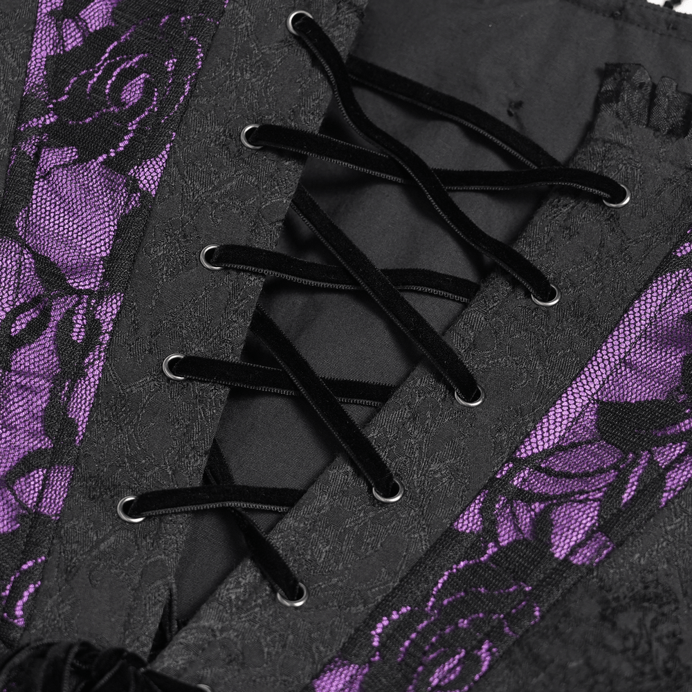 Purple Gothic Lace Corset Mini Dress with Ruffles close-up showing lacing and intricate lace details.