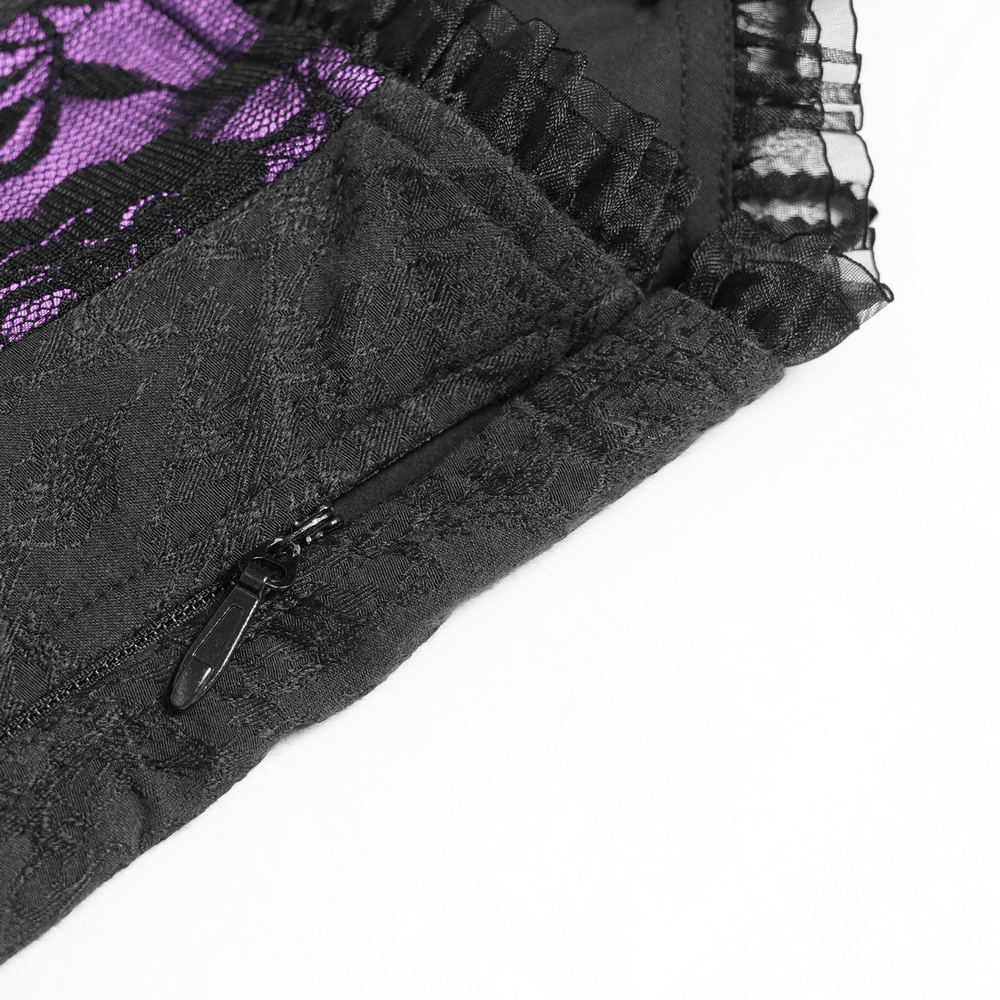 Close-up of the fabric and lace detailing on the Purple Gothic Lace Corset Mini Dress with Ruffles.