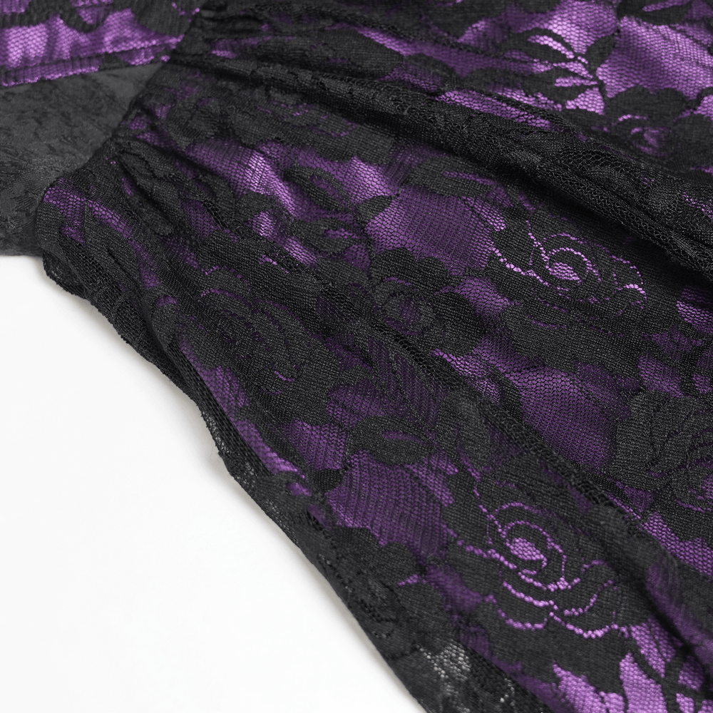 Purple Gothic Lace Corset Mini Dress with Ruffles showcasing intricate black lace design and deep violet fabric.