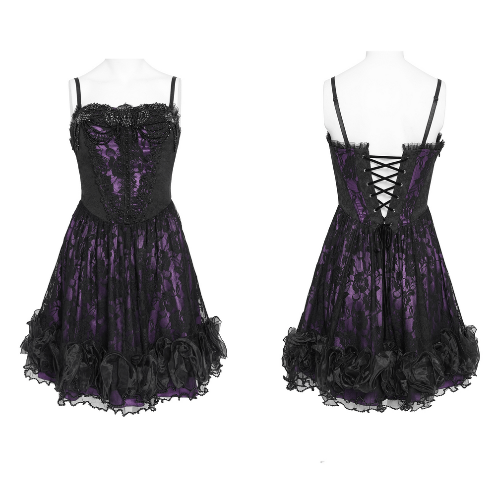 Purple Gothic Lace Corset Mini Dress with Ruffles featuring a lace-up back and layered ruffle hem.