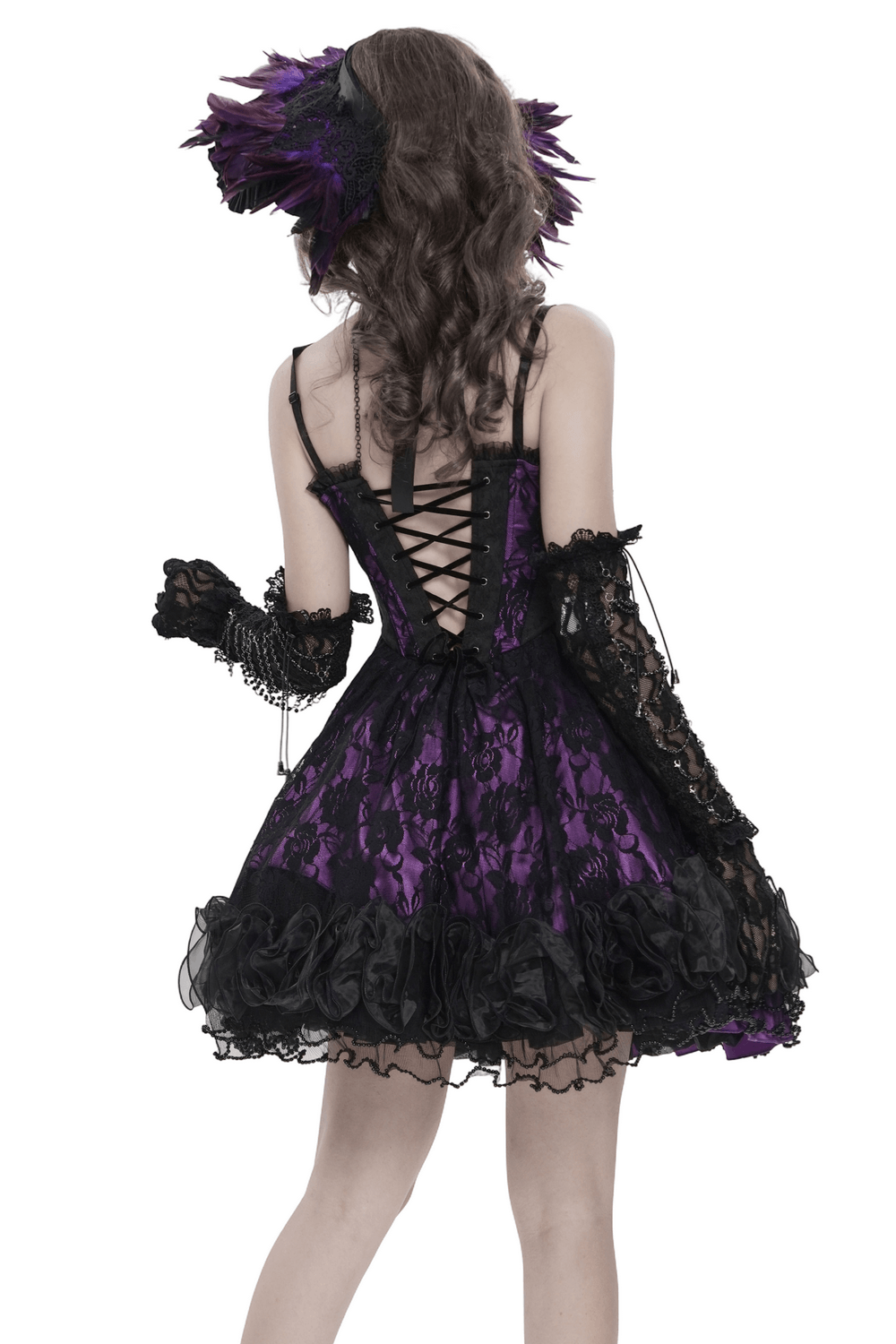 Purple Gothic Lace Corset Mini Dress with Ruffles featuring a lace-up back and layered ruffle hem.