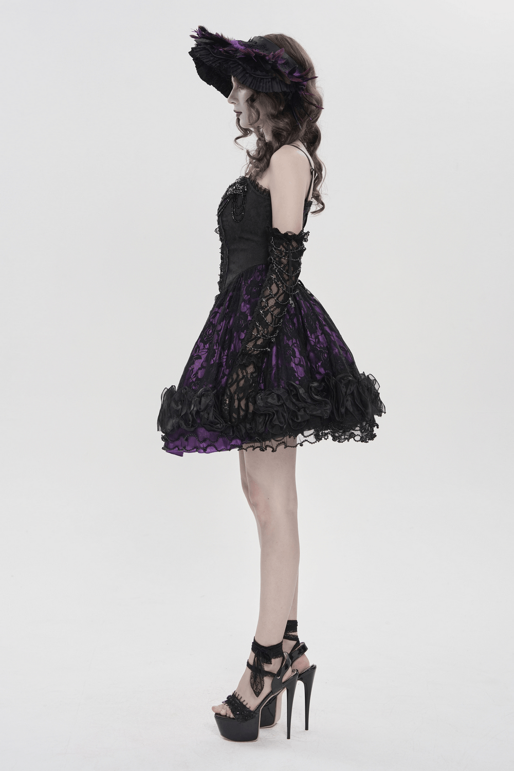 Purple Gothic Lace Corset Mini Dress with Ruffles showcased from side view, featuring ruffles and lace details.