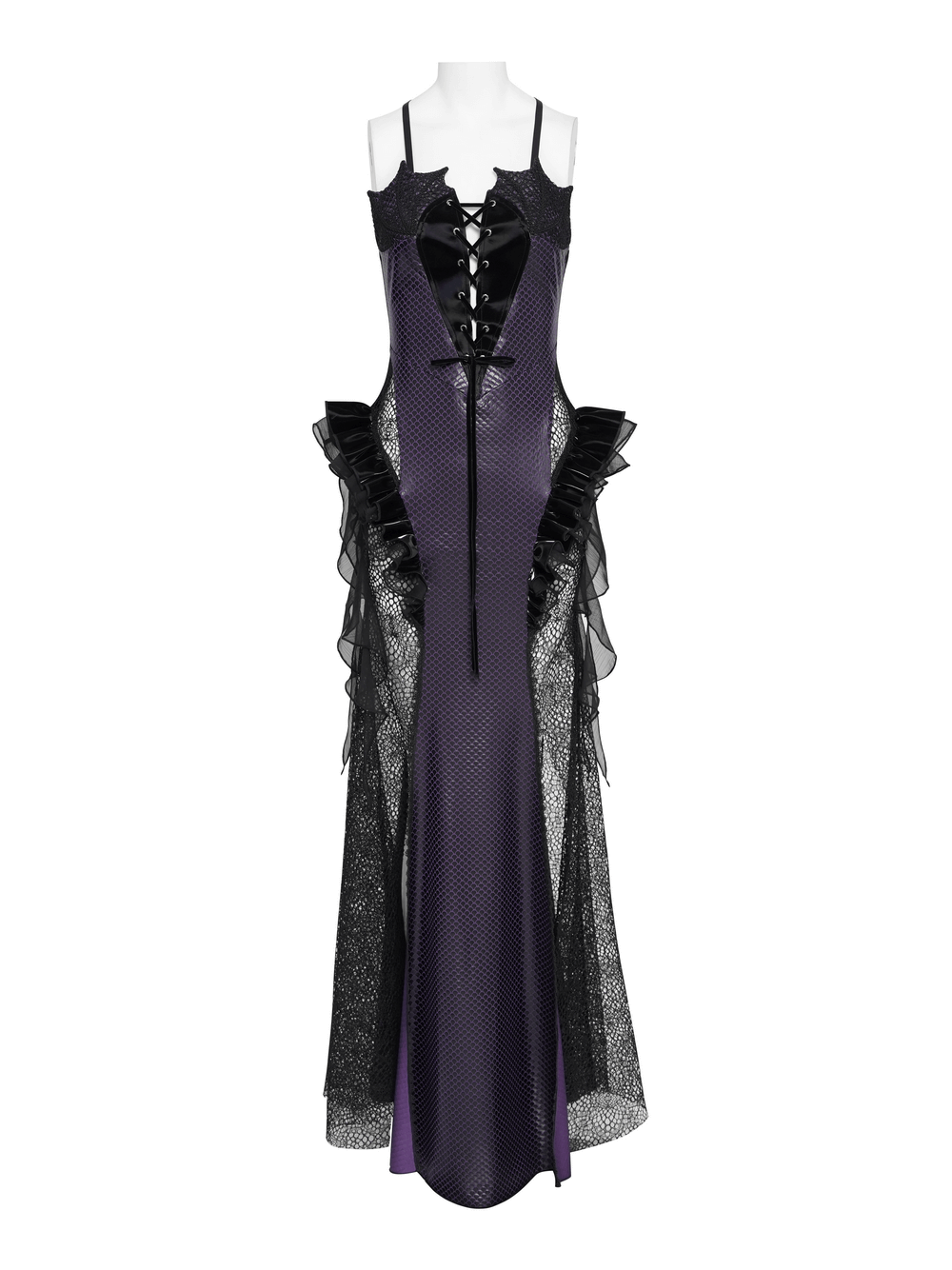 Purple Gothic Lace-Up Dress with Black Ruffle Tulle showcasing lace-up design and dramatic ruffled tulle sides.