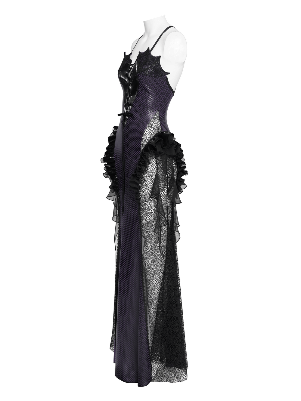 Purple Gothic Lace-Up Dress with Black Ruffle Tulle showcasing ruffled tulle sides and a dramatic deep V-neckline.