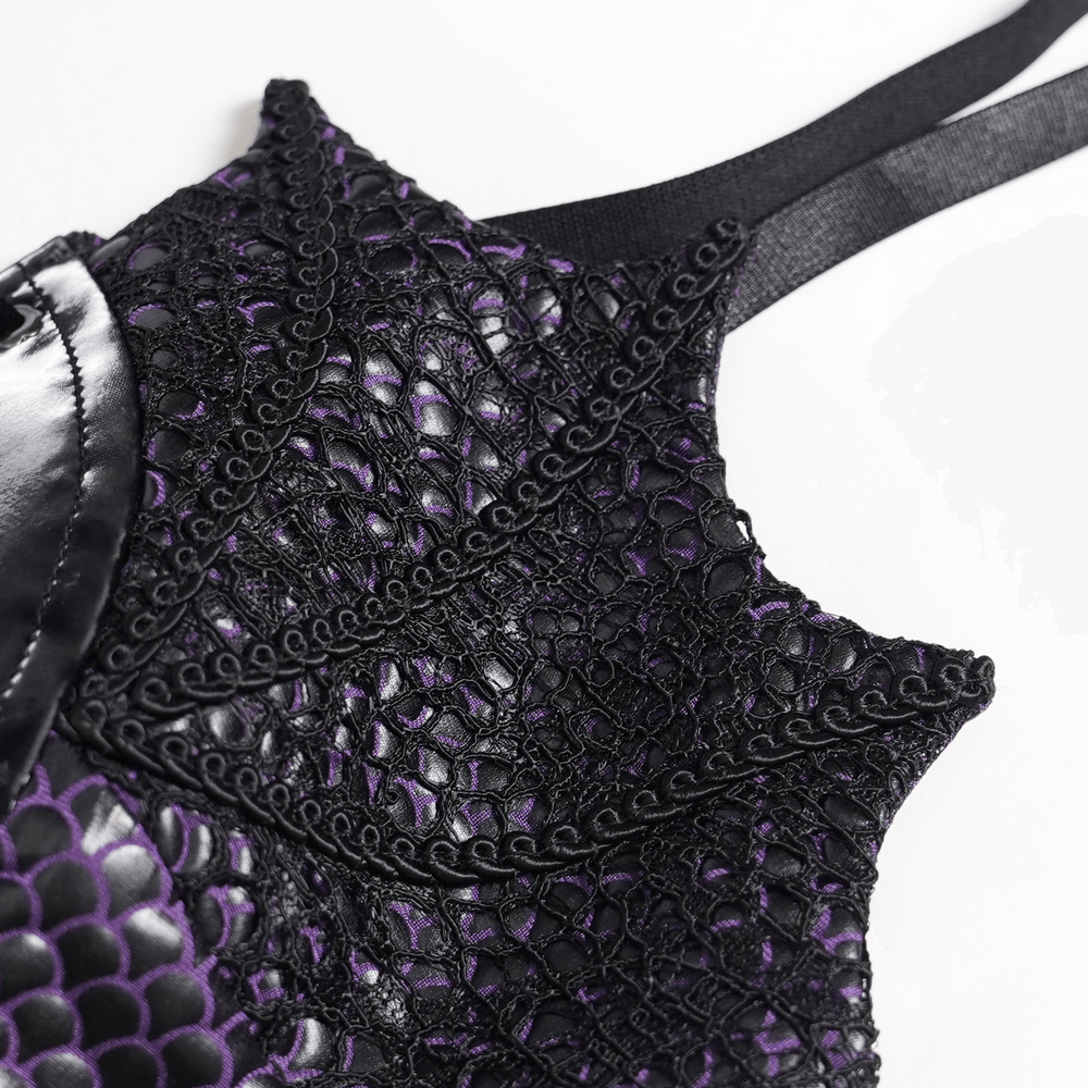 Purple Gothic Lace-Up Dress with Black Ruffle Tulle detailing featuring intricate lace and ruffled tulle.