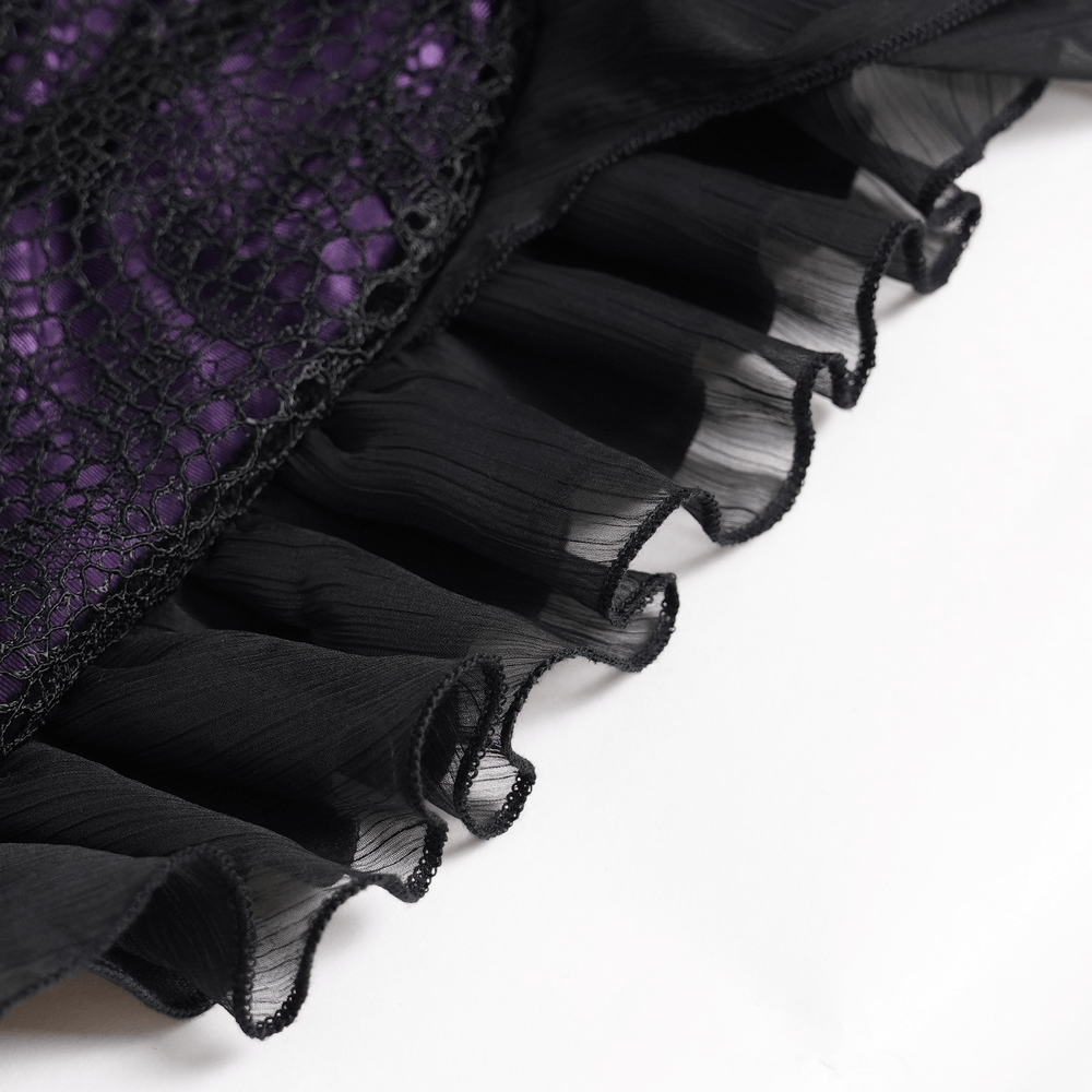 Purple Gothic Lace-Up Dress with Black Ruffle Tulle close-up of black ruffle tulle detail