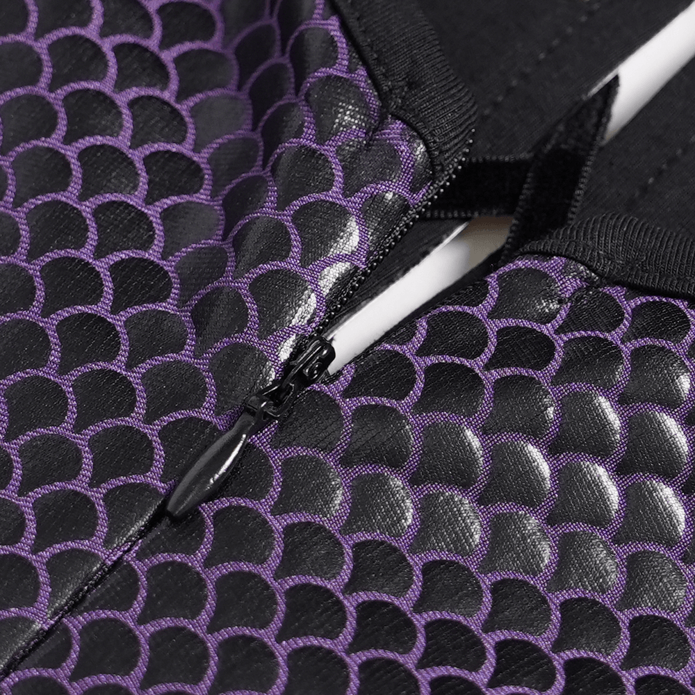 Close-up of the Purple Gothic Lace-Up Dress with Black Ruffle Tulle showing the unique purple scaled pattern and zipper detail.