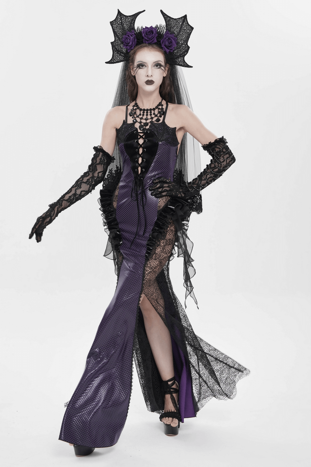 Purple Gothic Lace-Up Dress with Black Ruffle Tulle showcased alongside dramatic lace gloves and a stylish headpiece.