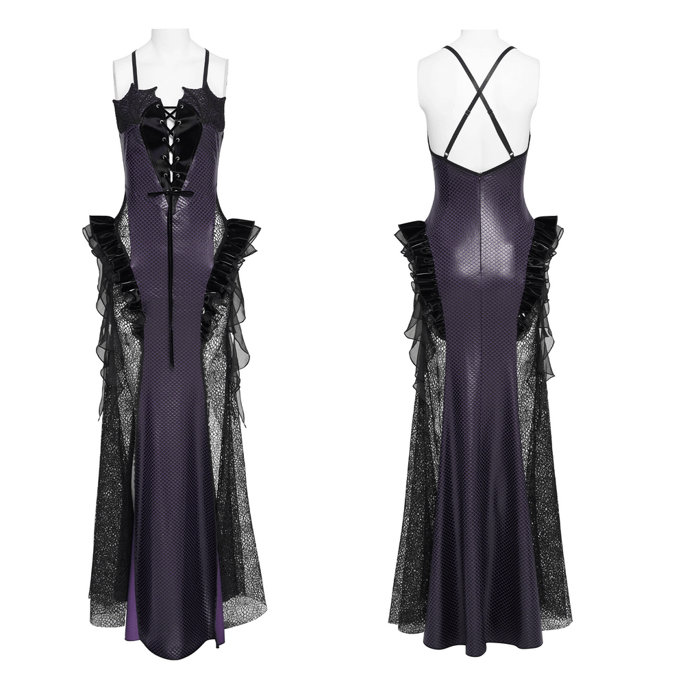 Purple Gothic Lace-Up Dress with Black Ruffle Tulle showcasing front and back views with elegant ruffled detailing.