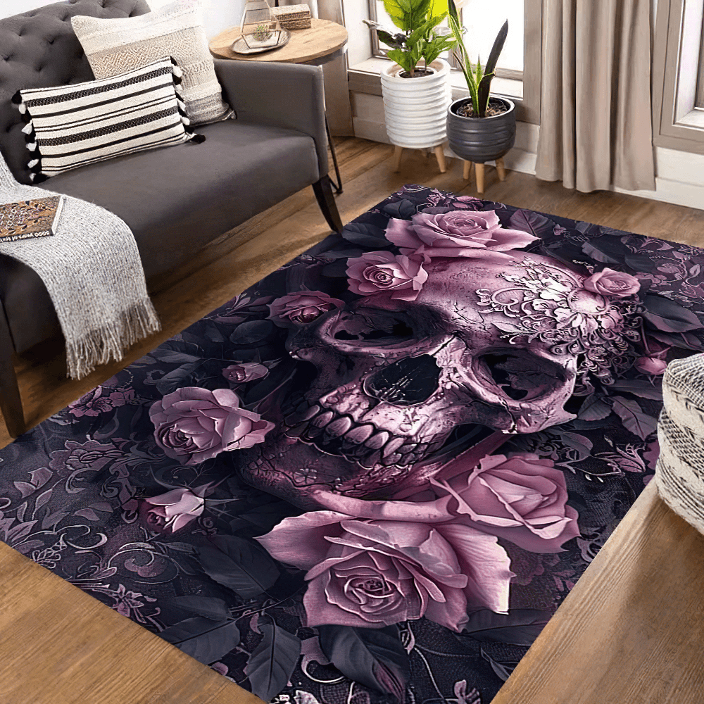Purple Gothic Skull Rose Area Rug for Dark Decor