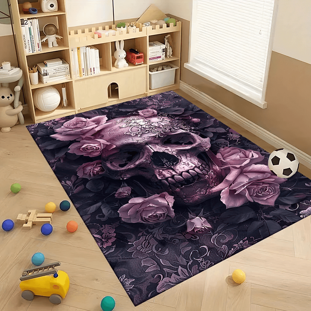 Purple Gothic Skull Rose Area Rug for Dark Decor