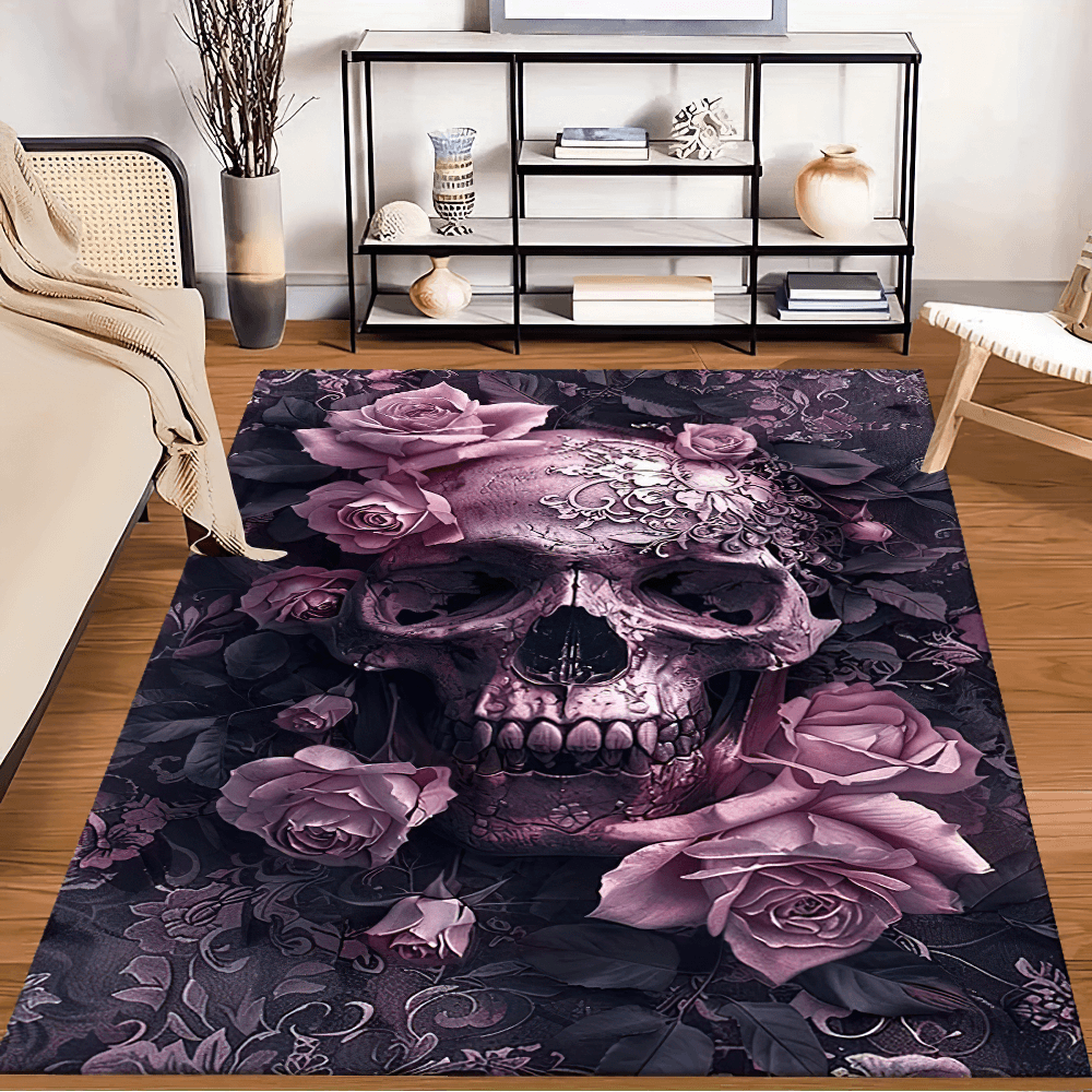 Purple Gothic Skull Rose Area Rug for Dark Decor
