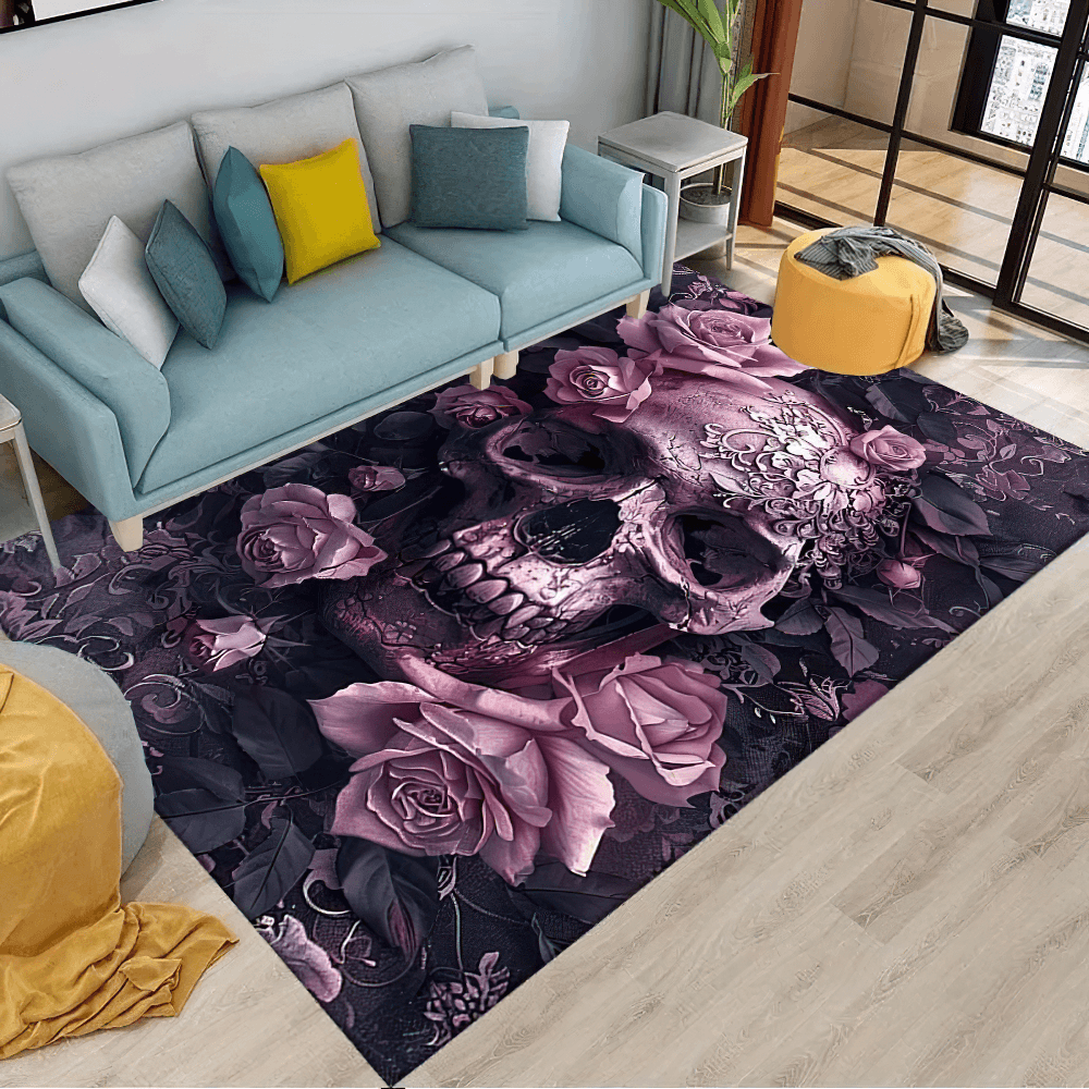 Purple Gothic Skull Rose Area Rug for Dark Decor