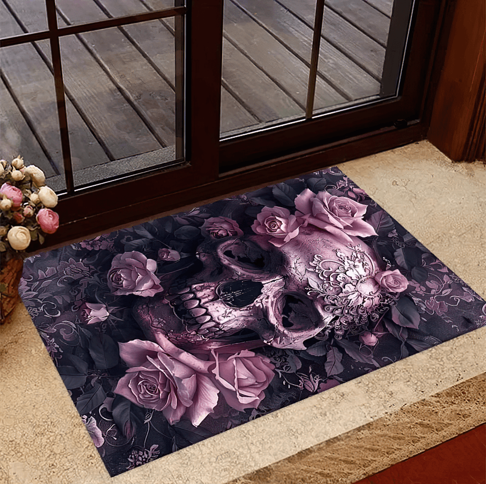 Purple Gothic Skull Rose Area Rug for Dark Decor