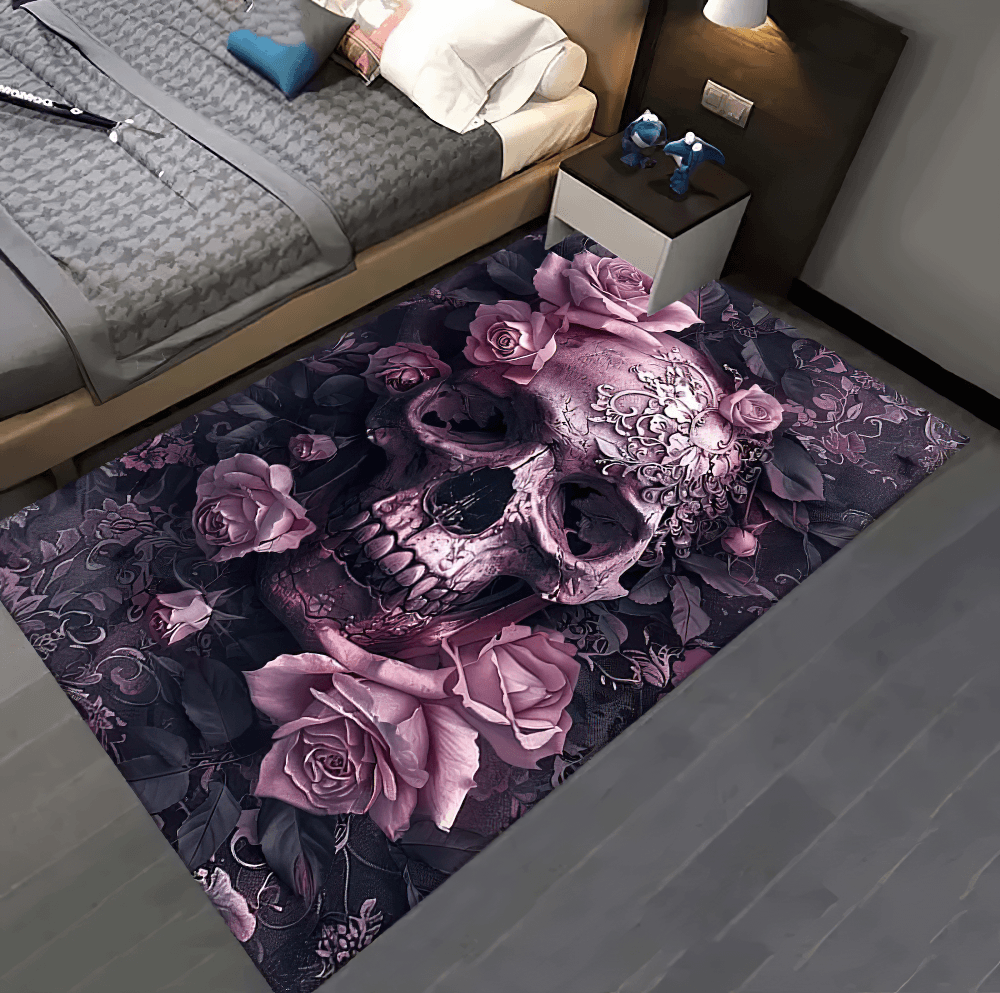 Purple Gothic Skull Rose Area Rug for Dark Decor