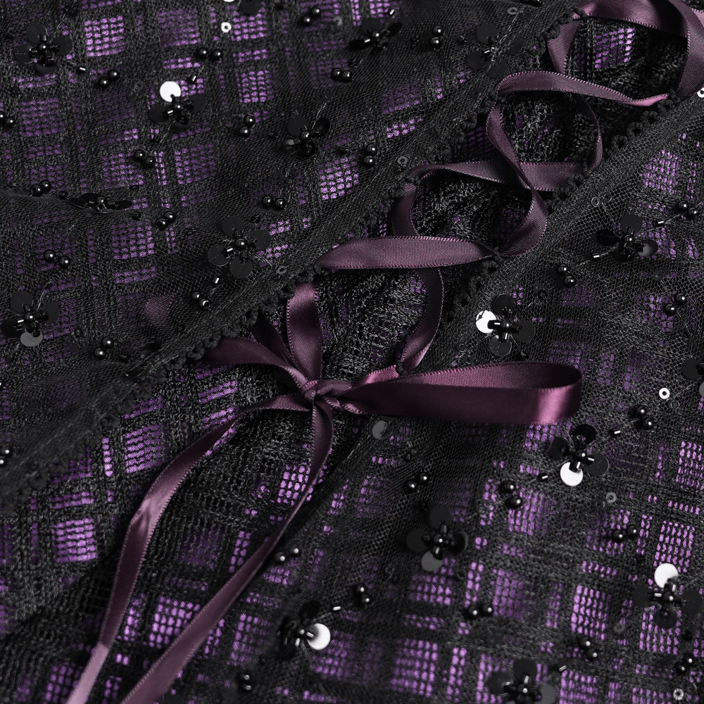Purple Gothic Tulle Skirt with Lace Up Ribbon Trim showcasing vibrant plaid fabric and elegant lace-up ribbon details.